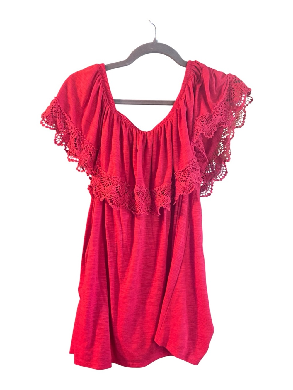 Terra Sky Red Off-Shoulder Crochet Trim Tunic